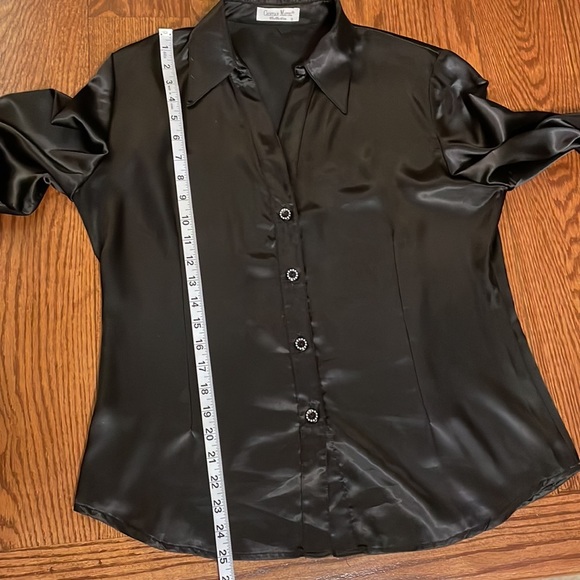 Luxury European designer black satin collared button up blouse bishop sleeves L - Picture 12 of 13